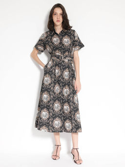 RAREISM - Women Ivnat Printed Black Midi Dress with Belt (Set of 2)