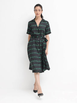 RAREISM - Women Millington Geometric Printed Black Midi Dress with Belt (Set of 2)