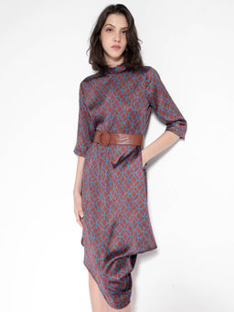 RAREISM - Women Mullivio Geometric Printed Brown Midi Dress with Belt (Set of 2)