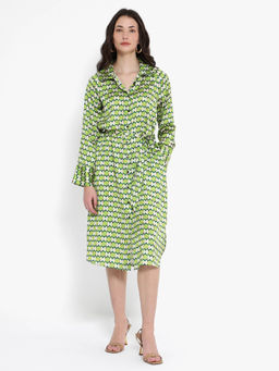 RAREISM - Women Regis Geometric Printed Green Midi Dress with Belt (Set of 2)