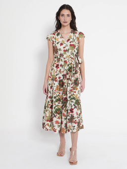 RAREISM - Women Tosa Floral Printed Multi-Color Midi Dress with Belt (Set of 2)