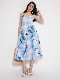 RAREISM - Women Maxicalli Abstract Printed Blue Midi Dress