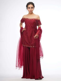 Shruti S - Red Off Shoulder Sharara (Set of 3)