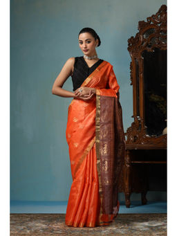 Dusala India - Lily Handwoven Orange Kosi Silk Mark Saree with Unstitched Blouse