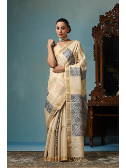 Dusala India - Daisy Handwoven Beige Kosi Silk Mark Saree with Unstitched Blouse