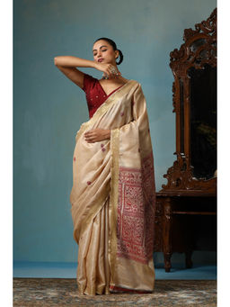 Dusala India - Magnolia Handwoven Beige Kosi Silk Mark Saree with Unstitched Blouse