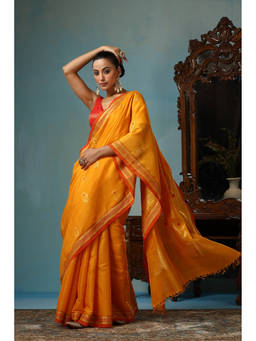 Dusala India - Hyacinth Handwoven Mustard Kosi Silk Mark Saree with Unstitched Blouse