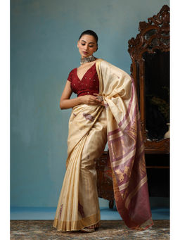 Dusala India - Aster Handwoven Beige Kosi Silk Mark Saree with Unstitched Blouse