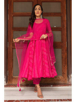 POMCHA - Bhandhej Pink Cotton Anarkali (Set of 3)