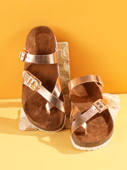 MOZAFIA - Women Rose Gold Lizard Grain One Toe Sandals