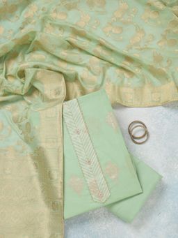 Koskii - Pista Green Zari Work Gold Chanderi Unstitched Salwar Suit