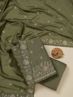 Koskii - Pista Green Zari work Silver Soft Raw Silk Unstitched Salwar Suit
