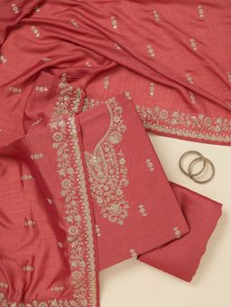 Koskii - Rust Zari work Gold Soft Raw Silk Unstitched Salwar Suit