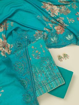Koskii - Turquoise Blue Stonework Crepe Unstitched Salwar Suit
