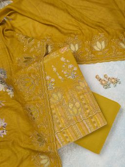 Koskii - Yellow Stonework Crepe Unstitched Salwar Suit