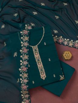 Koskii - Peacock Blue Thread work Semi Crepe Unstitched Salwar Suit