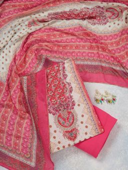 Koskii - Cream Printed Semi Crepe Unstitched Salwar Suit