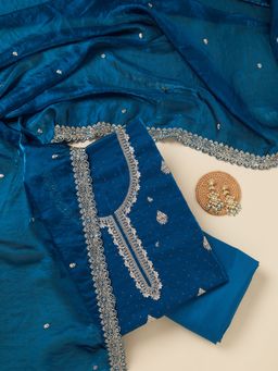 Koskii - Blue Zardozi Gold Semi Crepe Unstitched Salwar Suit
