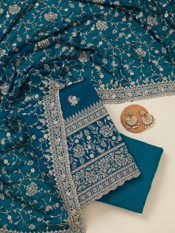 Koskii - Peacock Blue Zari work Silver Semi Crepe Unstitched Salwar Suit