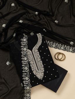 Koskii - Black Zari Work Gold Soft Raw Silk Unstitched Salwar Suit