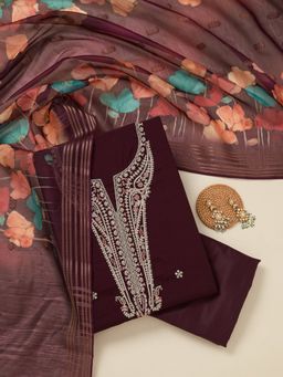 Koskii - Wine Zari work Gold Dola Silk Unstitched Salwar Suit