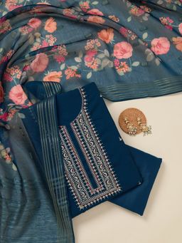 Koskii - Peacock Blue Embroidered Dola Silk Unstitched Salwar Suit