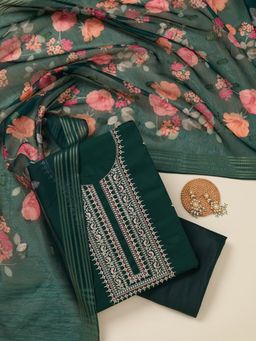 Koskii - Bottle Green Embroidered Dola Silk Unstitched Salwar Suit