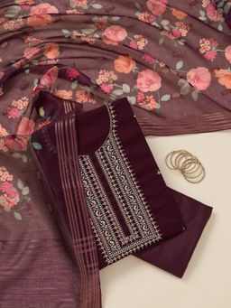 Koskii - Wine Embroidered Dola Silk Unstitched Salwar Suit