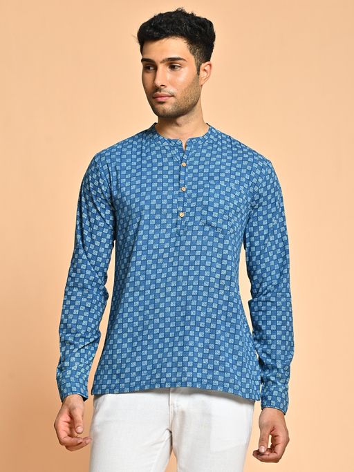 Jaipur Kurti Blue Geometric Print Mandarin Collar Cotton Kurta