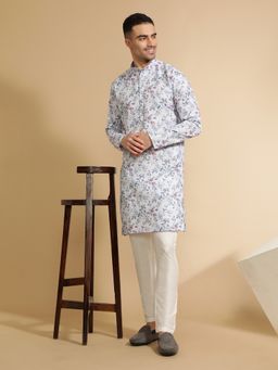 Jaipur Kurti - Floral Print Mandarin Collar Cotton Kurta