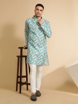Jaipur Kurti - Green Abstract Print Mandarin Collar Cotton Kurta