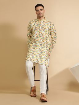 Jaipur Kurti - Yellow Abstract Print Mandarin Collar Cotton Kurta
