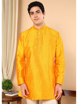 TATTVA - Men Yellow Solid Pure Silk Straight Kurta