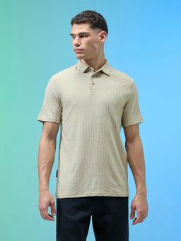 Technosport - Men Beige Self Design Sports Polo T-Shirt