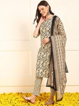 Vaamsi - Women Beige Pure Cotton Straight Kurta with Pant and Dupatta (Set of 3)