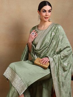 Vaamsi - Women Green Silk Blend Embellished Straight Kurta Pant with Dupatta (Set of 3)