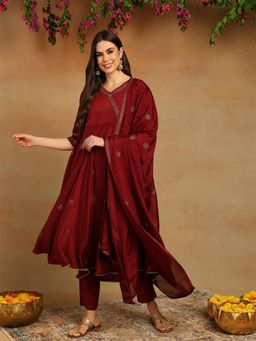 Vaamsi - Women Maroon Silk Blend Solid Woven Design Anarkali Kurta Pant with Dupatta (Set of 3)