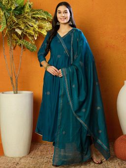 Vaamsi - Women Teal Silk Blend Solid Woven Design Anarkali Kurta Pant with Dupatta (Set of 3)