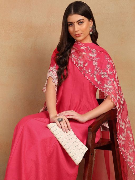 Vaamsi Women Pink Silk Blend Solid Embroidered Anarkali Kurta Pant with Dupatta (Set of 3)