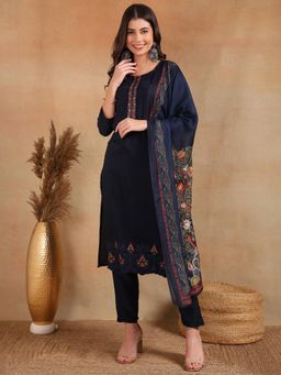 Vaamsi - Women Navy Blue Silk Blend Embroidered Straight Kurta Pant with Dupatta (Set of 3)