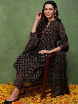 Vaamsi - Women Black Cotton Ethnic Motifs Printed A-Line Kurta with Pant and Dupatta (Set of 3)