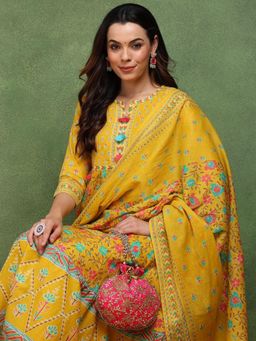 Vaamsi - Women Yellow Cotton Floral Printed Anarkali Kurta with Pant and Dupatta (Set of 3)