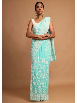 KALKI FASHION - Turquoise Saree in Georgette Lucknow Embroidered Floral with Unstitched Blouse