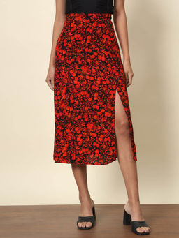 Trend Arrest - Red Floral Printed Slit Skirt