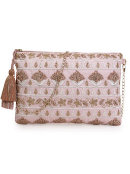 Anekaant - Blush Baby Pink & Gold Faux Silk Floral Emroidered Sling Bag