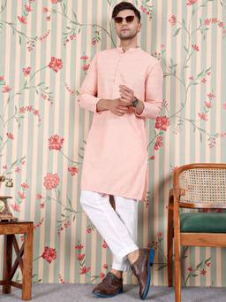 Gahan - Mens Ethnic Motifs Embroidered Straight Fit Pastel Kurta