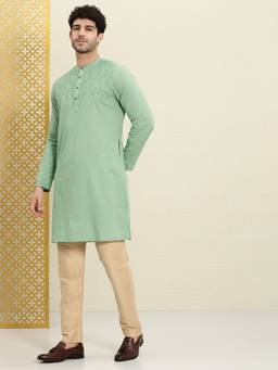 Gahan - Mens Green Embroidered Band Collar Long Sleeves Straight Kurta
