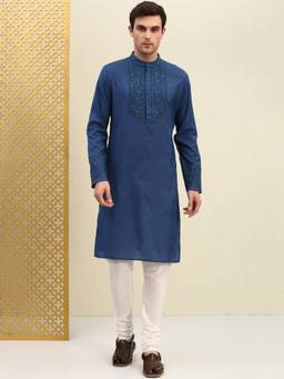 Gahan - Mens Blue Embroidered Straight Kurta