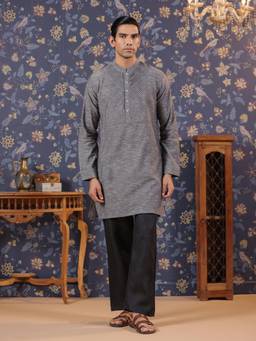Gahan - Womens Grey Pure Cotton Pleated Mandarin Neck Full Sleeves Kurta