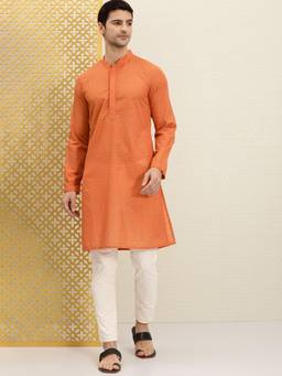 Gahan - Mens Orange Cotton Blend Embroidered Mandarin Neck Full Sleeves Kurta